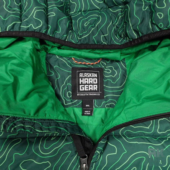 DULUTH ALASKAN HARD GEAR Mens 2XL Green Topographic Print Full Zip Puffer Jacket - Picture 2 of 7